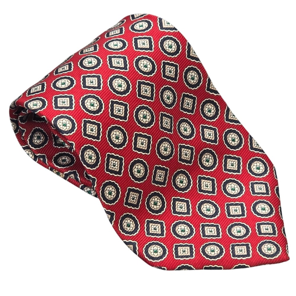 Stafford Executive Silk Tie Men's Extra Long Red Geometric Medallion Made in USA